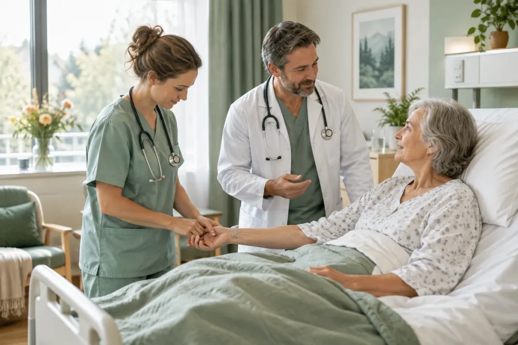 En sjuksköterska och en läkare undersöker en äldre patient i en sjukhussäng