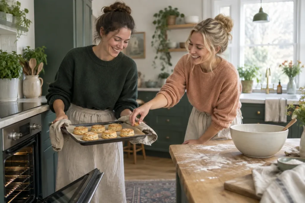 Två vänner bakar i ett ljust kök och tar ut en plåt med nybakade kakor ur ugnen