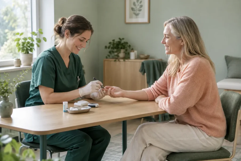En sjuksköterska tar ett blodprov i fingertoppen på en patient vid ett bord