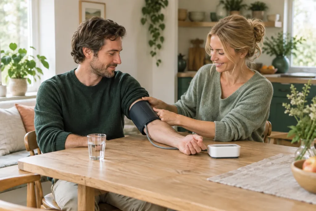 Två personer vid ett köksbord där den ena mäter blodtrycket med manschett på överarmen