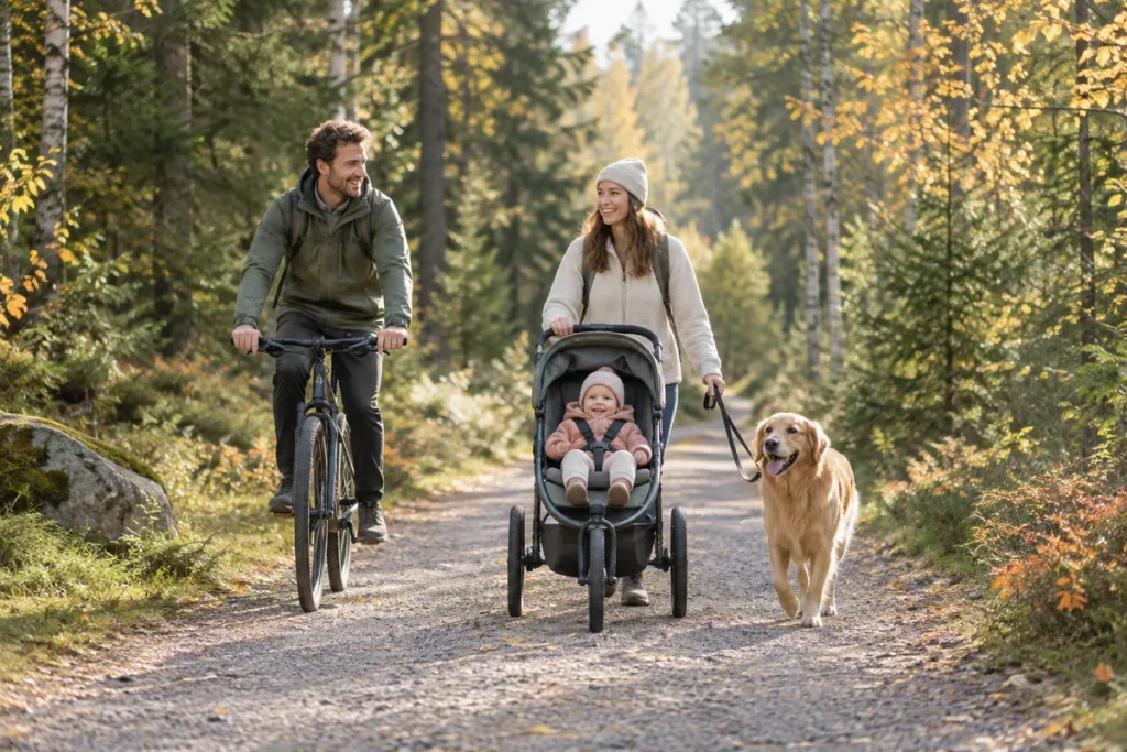En familj cyklar, går med hunden och kör joggingvagn på en skogsväg