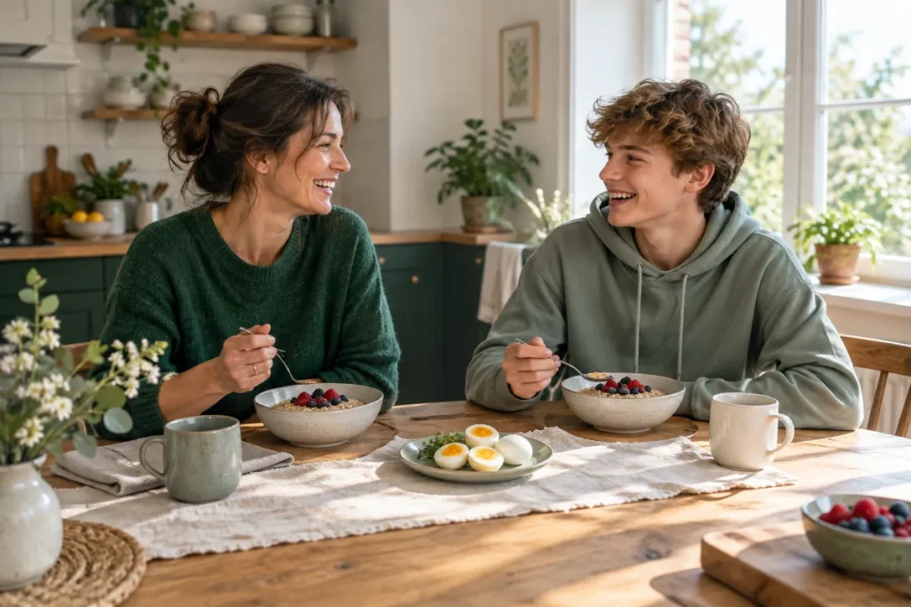 En förälder och en tonåring äter gröt med bär och ägg vid köksbordet