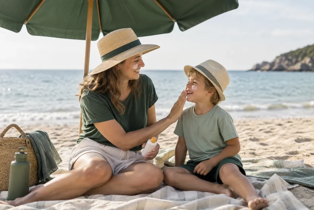 En mamma och hennes son smörjer in varandra med solkräm under ett parasoll på stranden