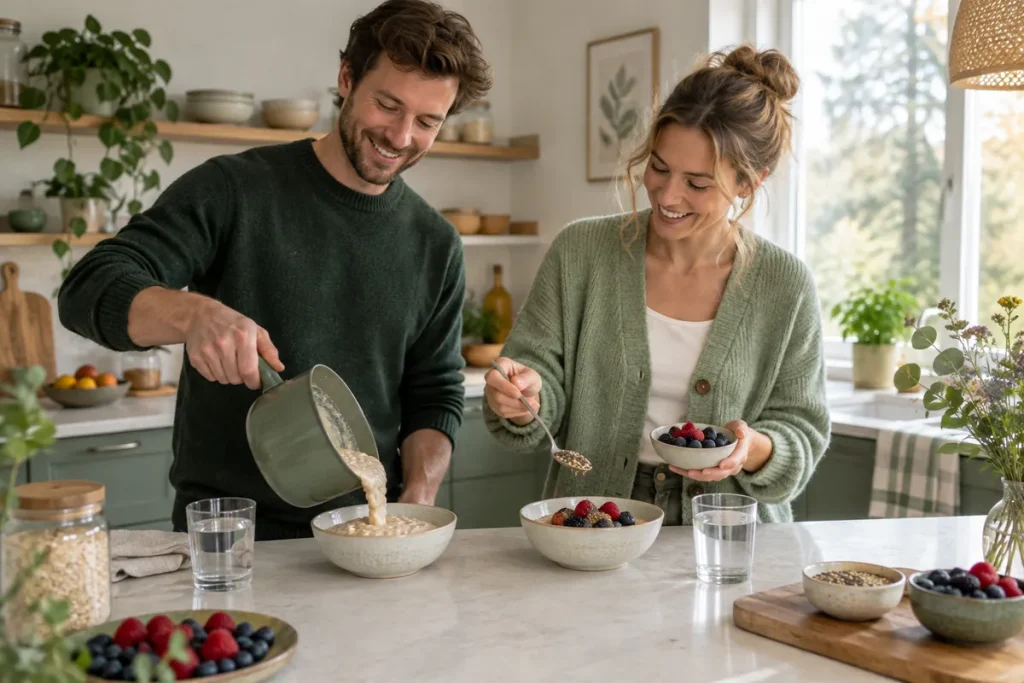Två personer lagar en fiberrik frukost med havregrynsgröt, bär och frön