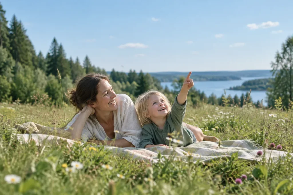 En förälder och ett barn ligger på en filt på en äng och pekar upp mot den blå himlen