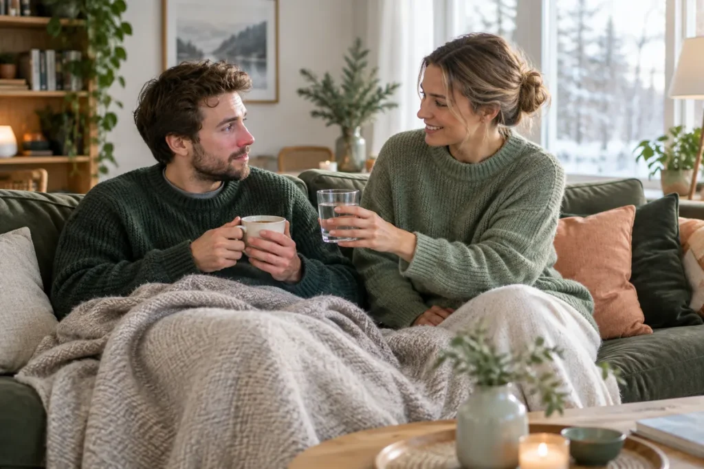 En förkyld person i soffan med en kopp te får ett glas vatten av en annan person