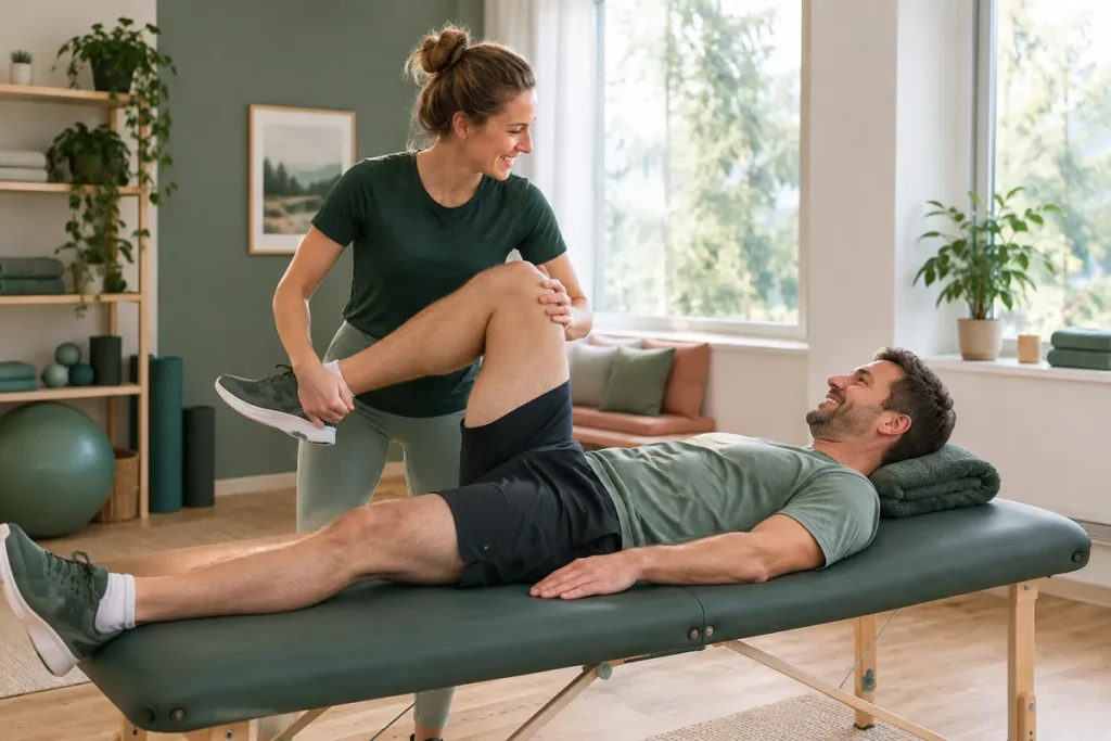 En fysioterapeut hjälper en patient med en höftstretch på en behandlingsbänk