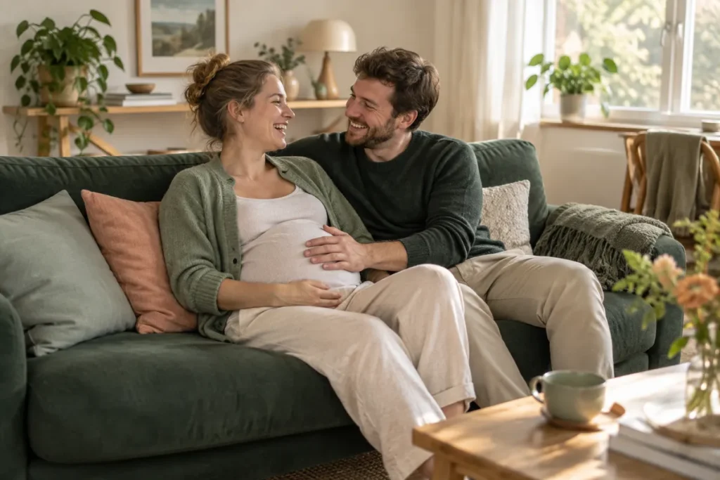 En gravid kvinna och hennes partner skrattar tillsammans i soffan med handen på magen