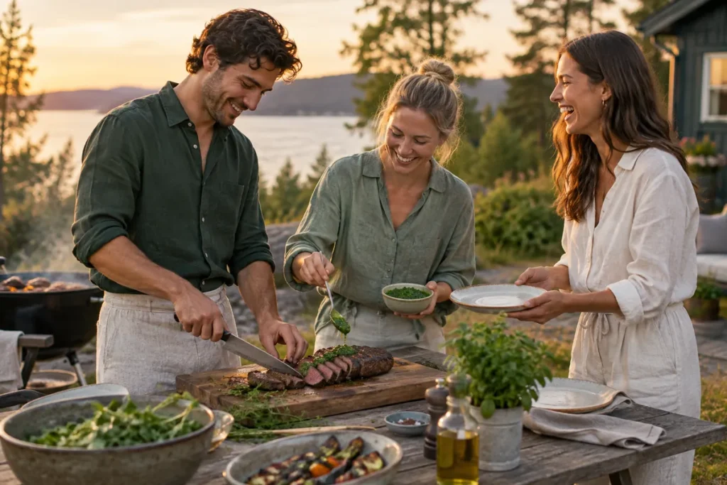 Tre vänner vid grillen där en skedar grön chimichurri över skivad grillad biff