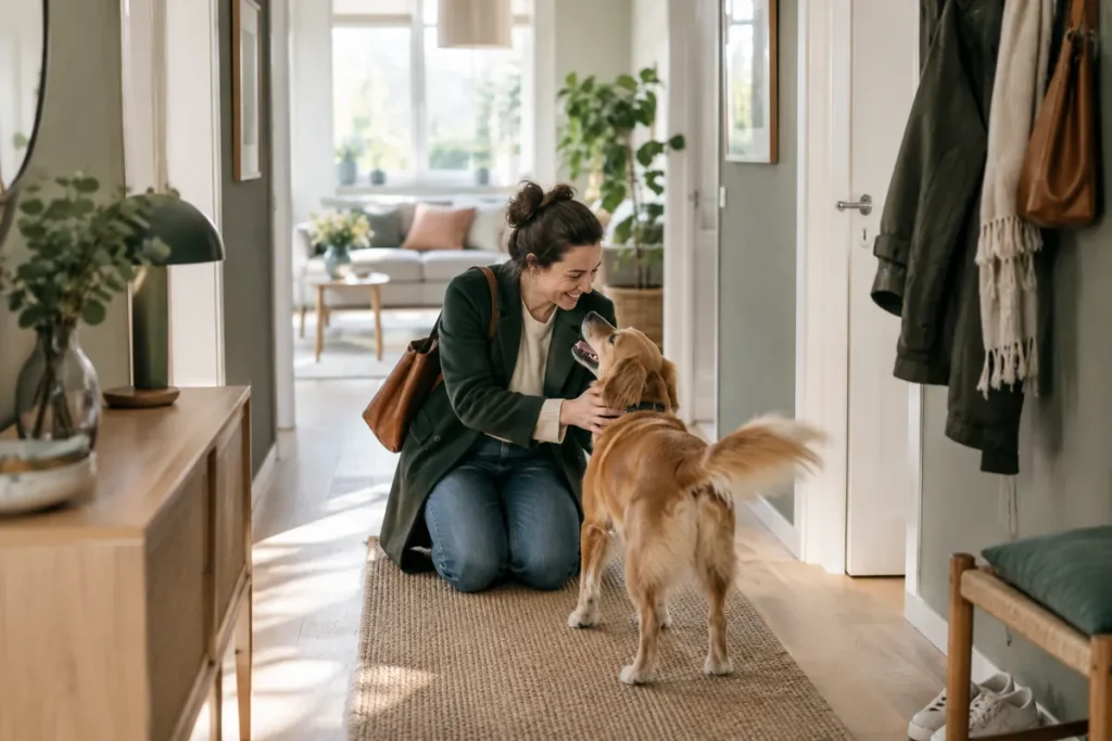 En kvinna kommer hem och hälsar på sin glada hund i hallen