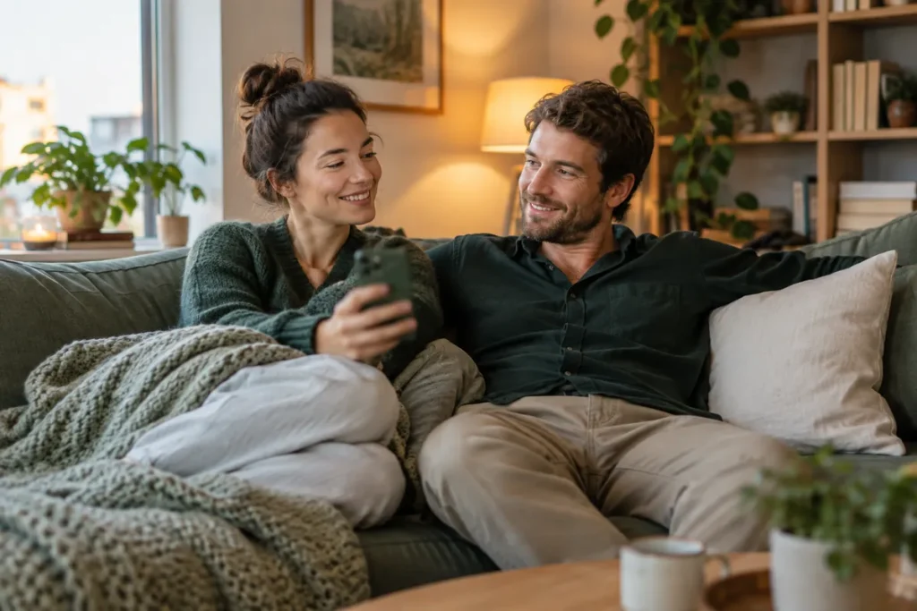 Två personer sitter i en soffa hemma i kvällsljus, den ena håller en mobiltelefon