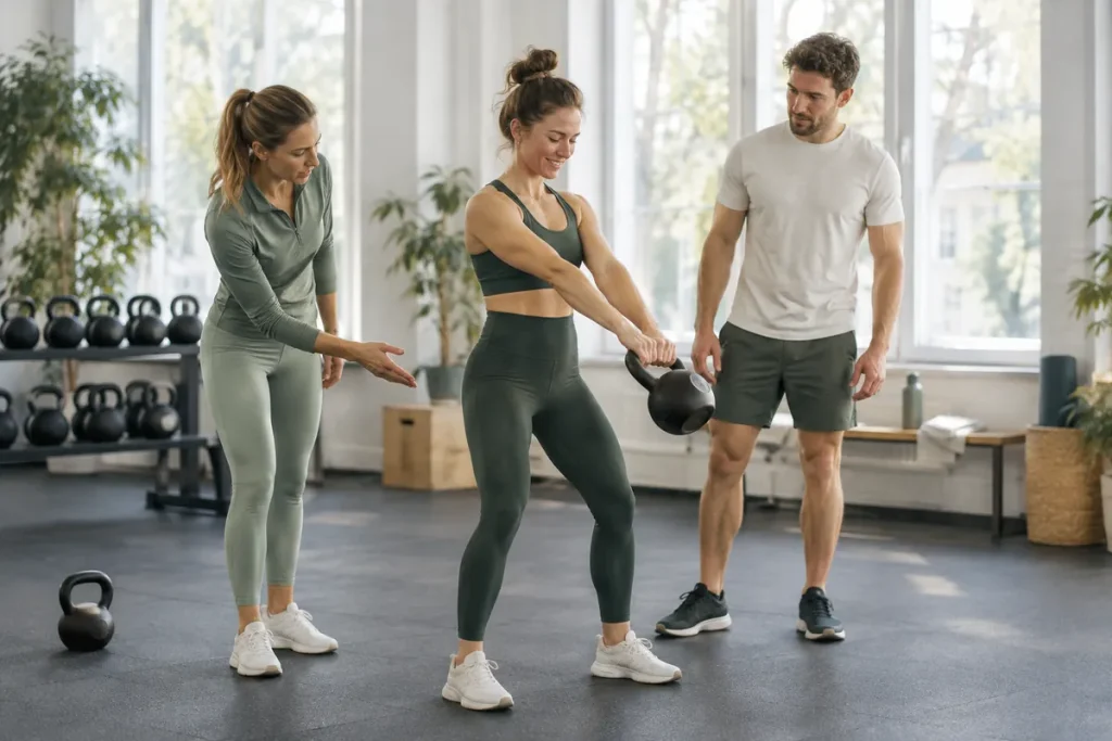 En kvinna gör kettlebell swing i en träningslokal medan två personer följer rörelsen