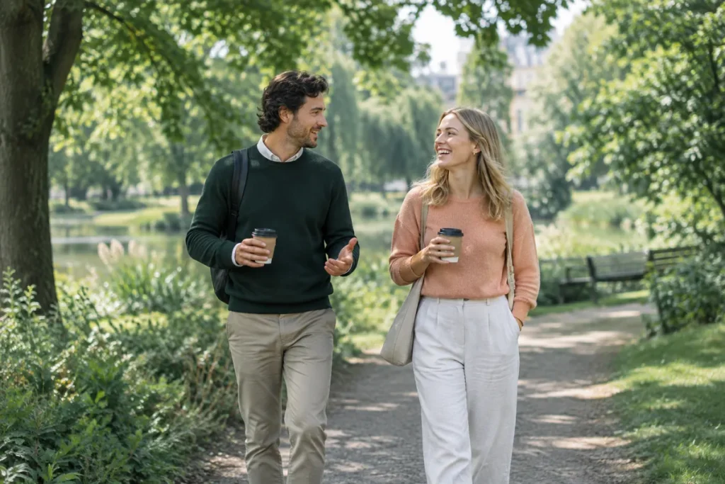 Två kollegor tar en lugn lunchpromenad i en park och pratar