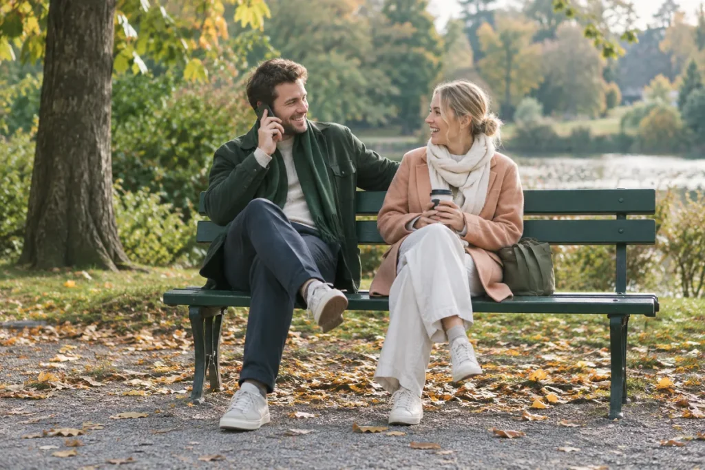 En man pratar i telefon på en parkbänk medan en kvinna bredvid honom skrattar