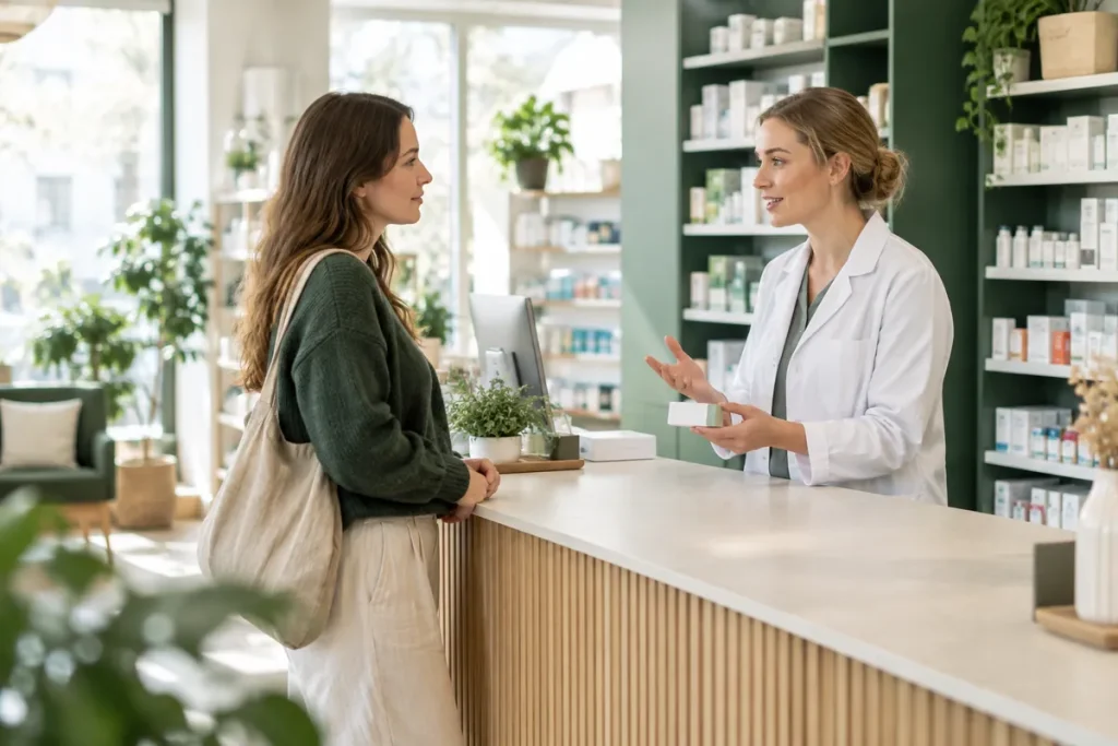 En kvinna får råd av en farmaceut vid disken på ett apotek