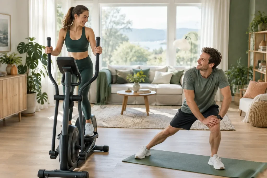 En kvinna tränar på crosstrainer i vardagsrummet medan hennes partner stretchar