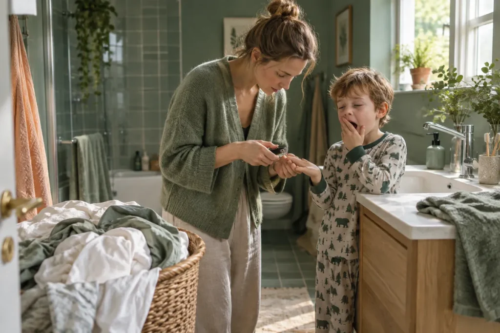 En mamma klipper naglarna på sin trötta son i pyjamas en morgon i badrummet