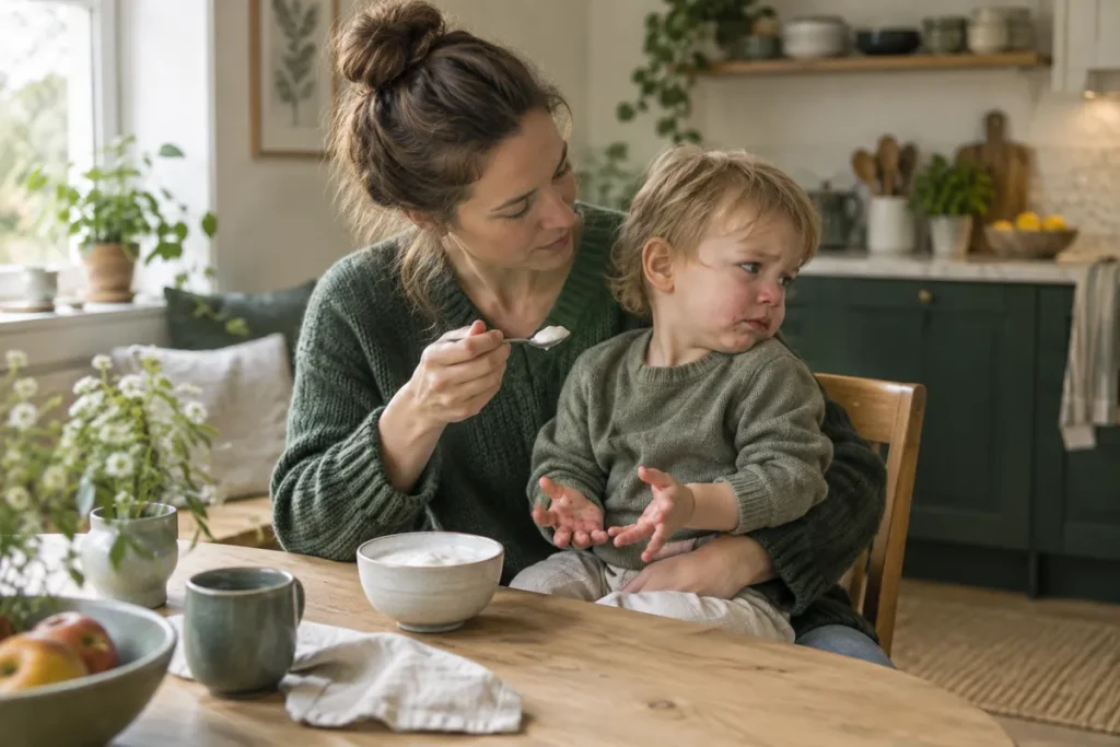 En mamma försöker ge sitt småbarn med blåsor kring munnen och på händerna kall yoghurt
