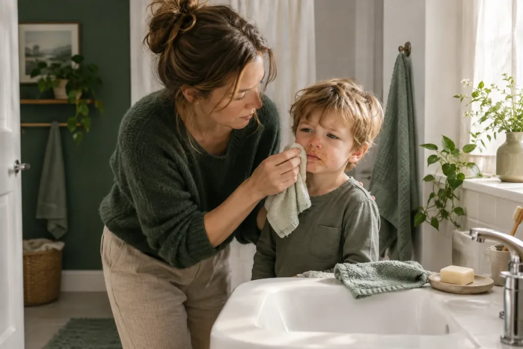En mamma tvättar försiktigt bort gula skorpor kring näsan och munnen på sin son