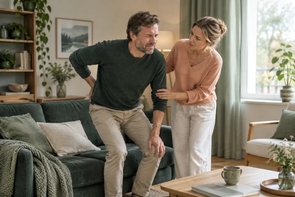 En man reser sig långsamt ur soffan med handen mot ländryggen och ont i ansiktet