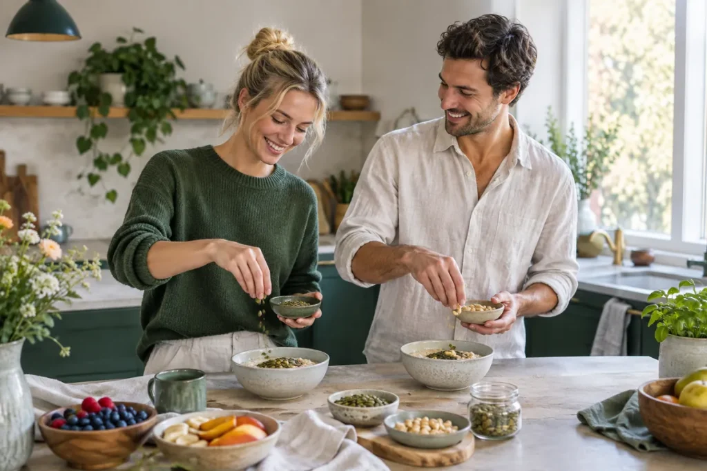 Ett par strör pumpafrön och cashewnötter över gröt vid köksbänken