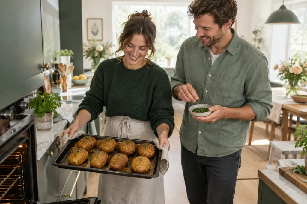 Ett par tar ut en plåt med nygräddad hasselbackspotatis ur ugnen