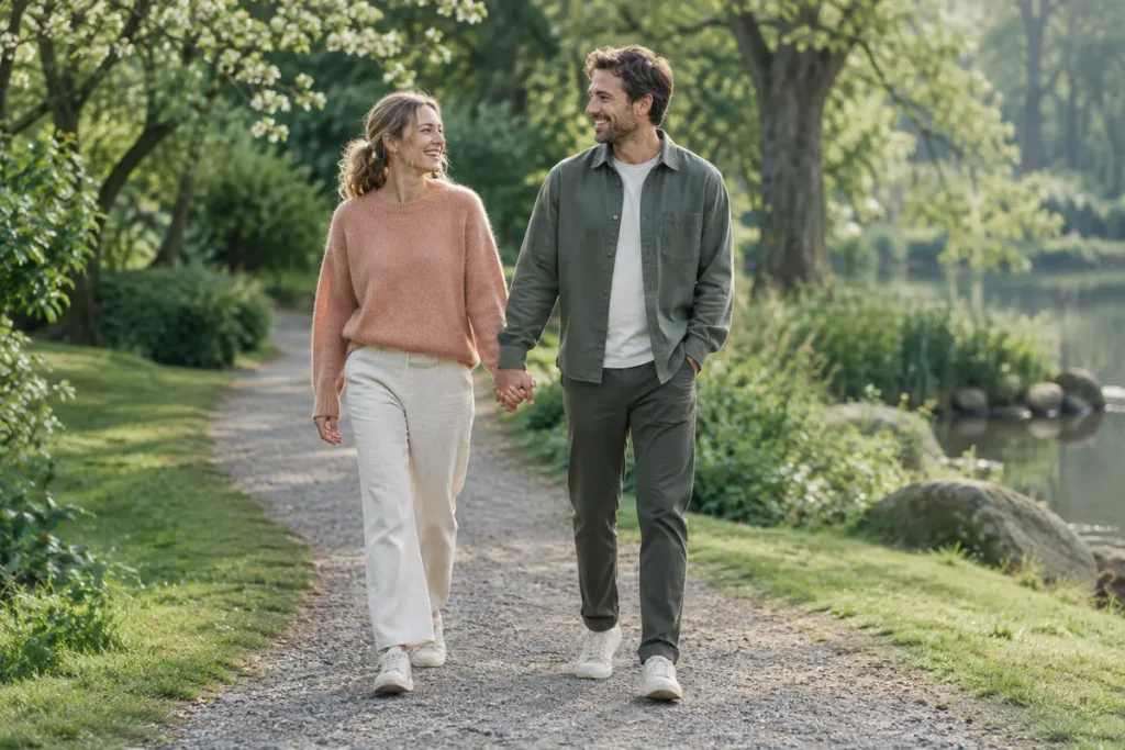 Ett par tar en morgonpromenad i en park och skrattar tillsammans