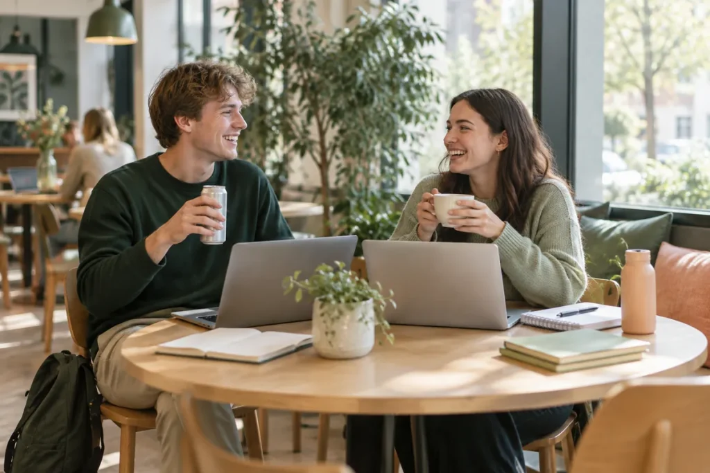 Två studenter pluggar på ett kafé med en burk och en kopp kaffe