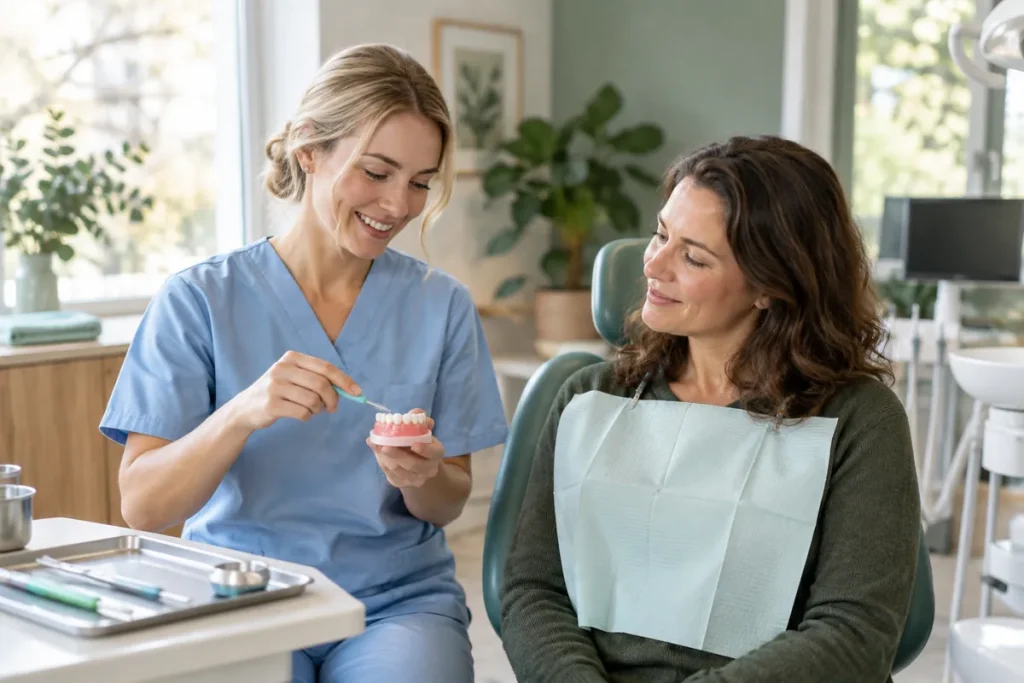 En tandhygienist visar en patient hur man använder en mellanrumsborste