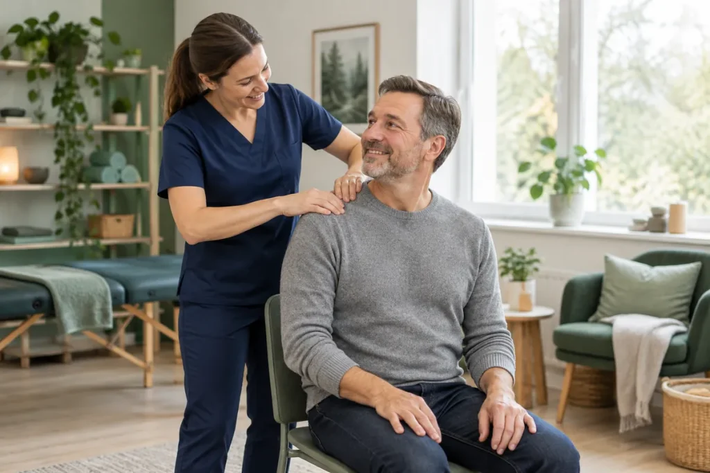 En fysioterapeut masserar axlarna på en man som sitter på en stol i en ljus klinik