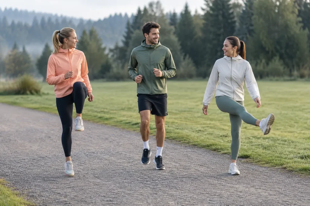 Tre personer värmer upp på en grusväg med lätt jogg, bensvingar och höga knän i morgonljus