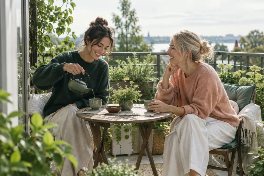 Två vänner häller upp grönt te på en solig balkong