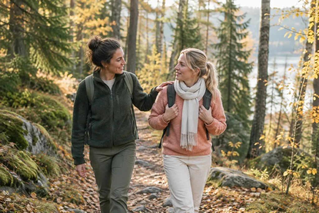 Två vänner går och pratar på en skogsstig en höstmorgon
