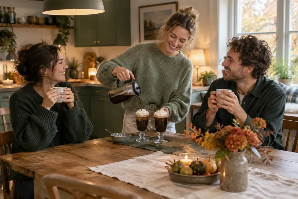 Tre vänner vid ett köksbord en höstkväll häller upp varma kaffedrinkar och skrattar